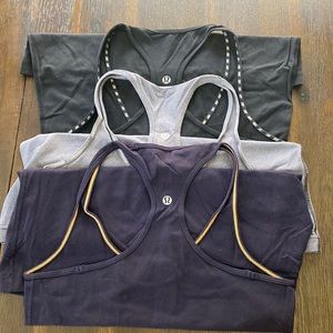 3 for $46!! Used Lululemon racer tank. Eggplant, black & gray/blk striped. (M)
